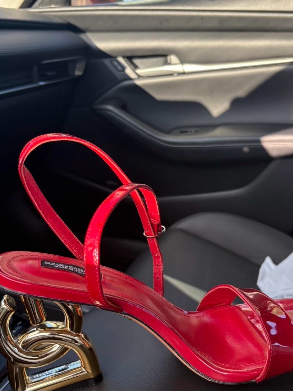 Dolce & Gabbana Red Patent Sandals with Sculptural Gold Heel